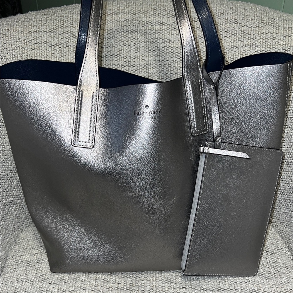 Kate Spade Metallic Gray Leather Tote with Wristlet-REVERSIBLE